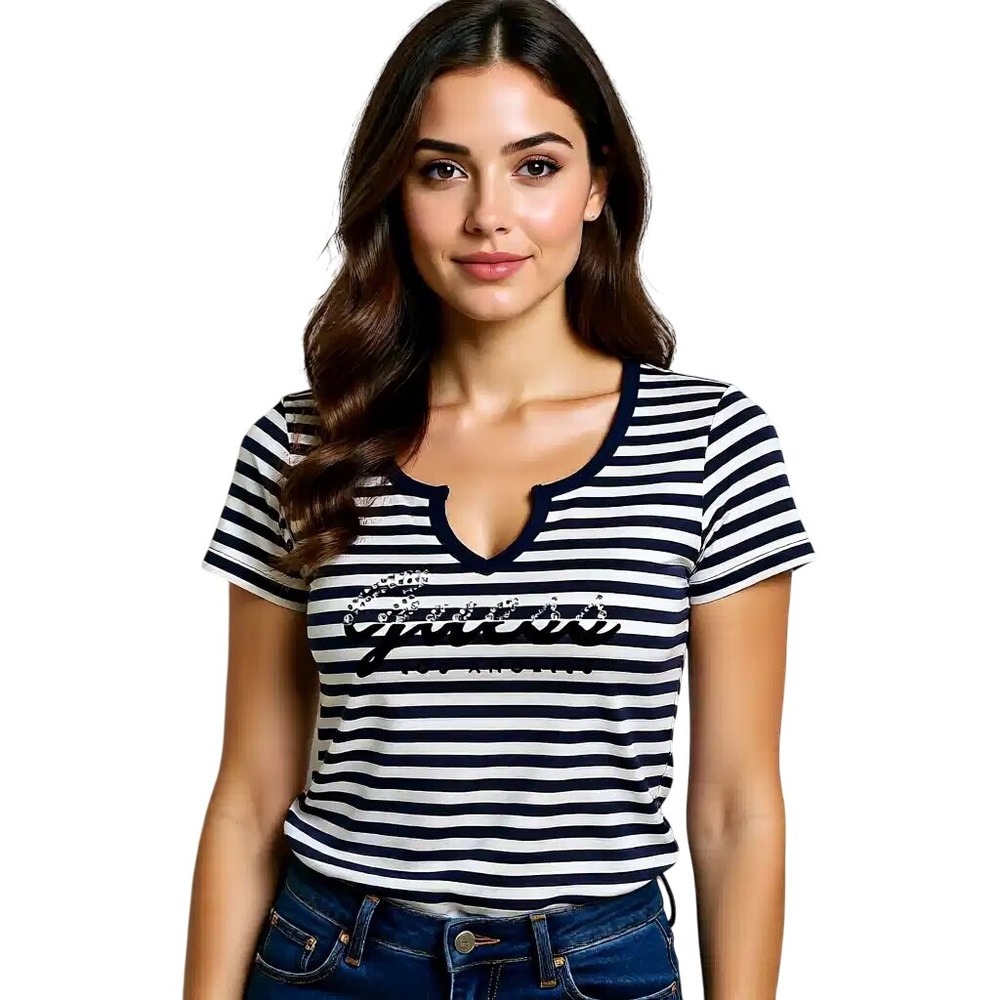 Guess Women Navy Blueβ White Striped Rhinestone Logo T-Shirt M NWT